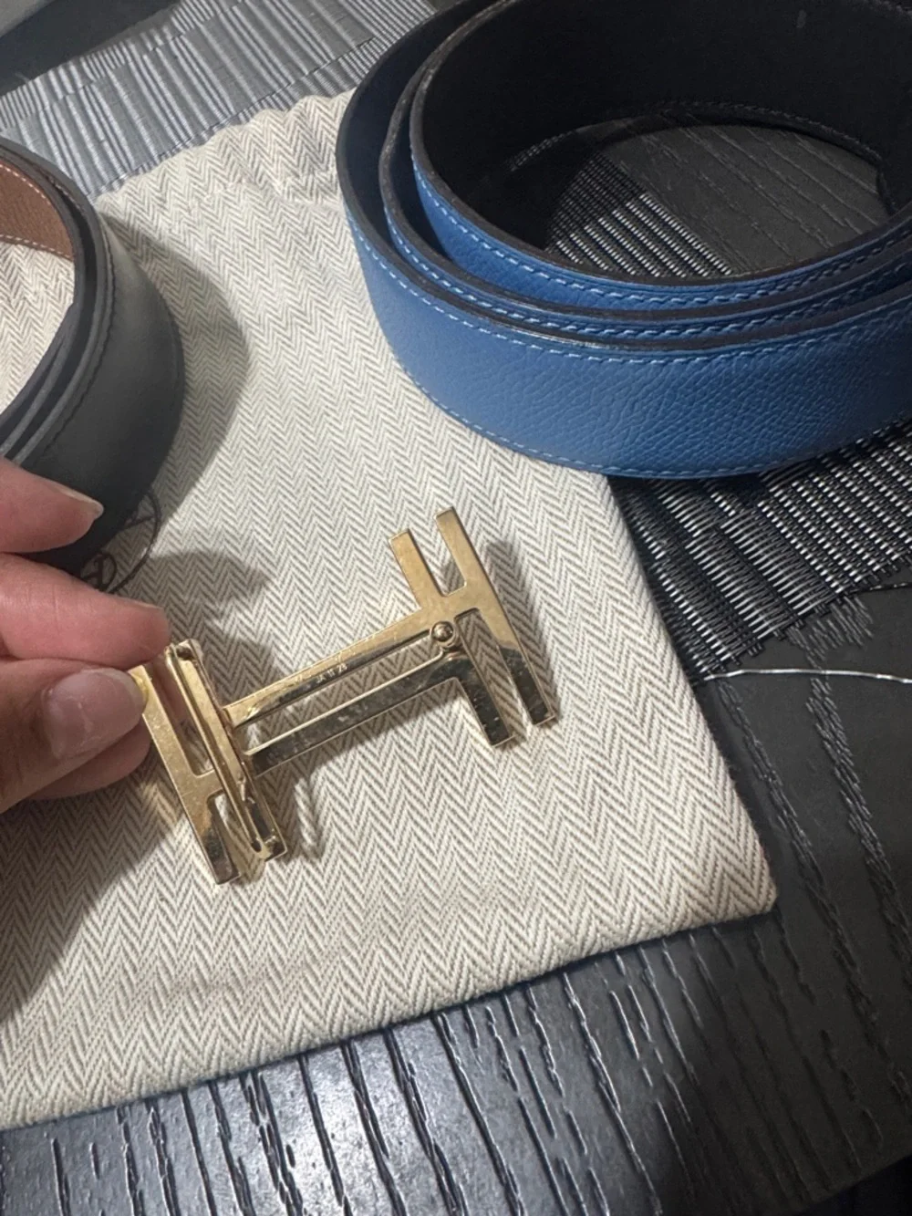 Hermes Reversible Black/Brown and Blue/Black Leather Belts with Gold H Buckle